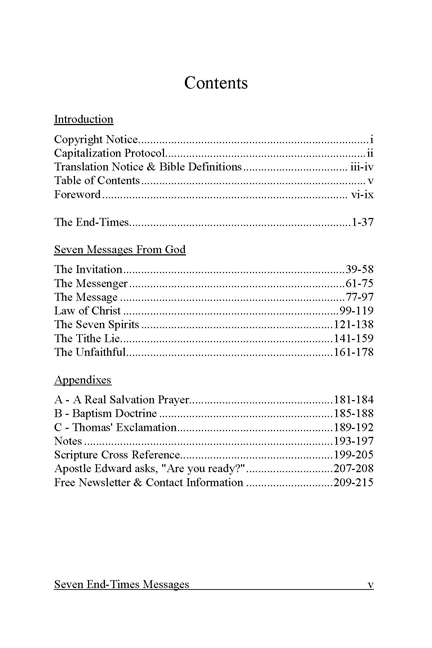 Seven End-Times Messages From God Book - Contents page v